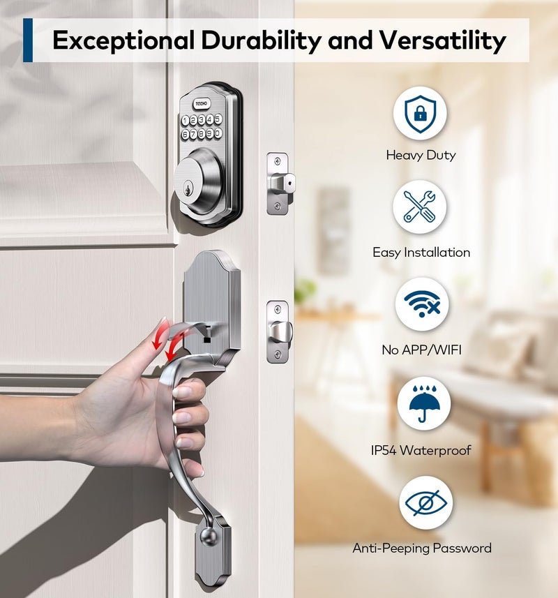 TEEHO Keyless Entry Door Lock Deadbolt with Handle Set  Electronic Digital Smart Locks Set for Front Door with 2 Keys  Easy to Install Keypad Deadbolt  Auto Lock - Satin Nickel - Image 5
